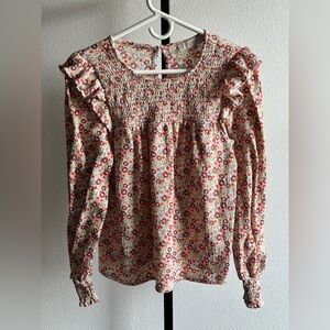 LOFT Floral Smocked Ruffle Long Sleeve Blouse - Cream, Red, Pink